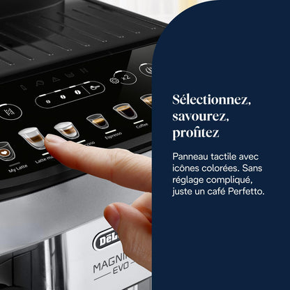 De’Longhi Magnifica Evo - Perfetto Machine à Café Automatique avec LatteCrema Mousseur à Lait Automatique, 7 Boissons en une Seule Touche, Commandes Soft Touch, Argent et Noir (ECAM292.81.SB)
