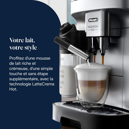 De’Longhi Magnifica Evo - Perfetto Machine à Café Automatique avec LatteCrema Mousseur à Lait Automatique, 7 Boissons en une Seule Touche, Commandes Soft Touch, Argent et Noir (ECAM292.81.SB)