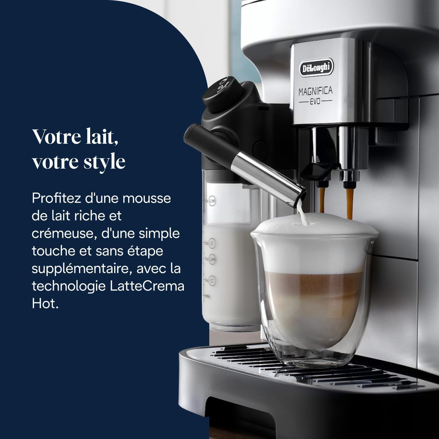 De’Longhi Magnifica Evo - Perfetto Machine à Café Automatique avec LatteCrema Mousseur à Lait Automatique, 7 Boissons en une Seule Touche, Commandes Soft Touch, Argent et Noir (ECAM292.81.SB)