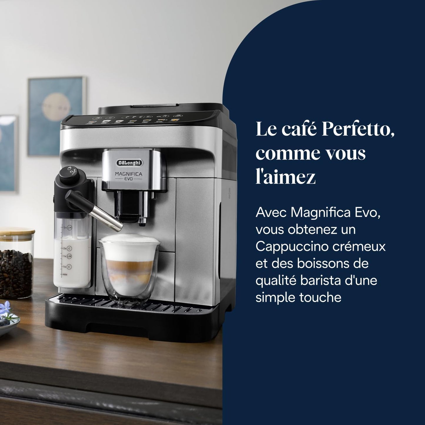 De’Longhi Magnifica Evo - Perfetto Machine à Café Automatique avec LatteCrema Mousseur à Lait Automatique, 7 Boissons en une Seule Touche, Commandes Soft Touch, Argent et Noir (ECAM292.81.SB)